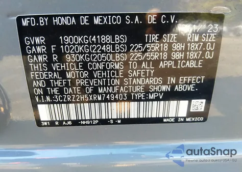2024 Honda Hr-V Awd Sport/Awd Sport W/O Bsi from USA, damaged, VIN 3CZRZ2H5XRM749403